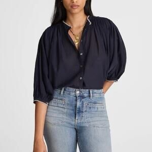 NWT Madewell Balloon-Sleeve Embroidered Cotton Voile Top Midnight Navy Large